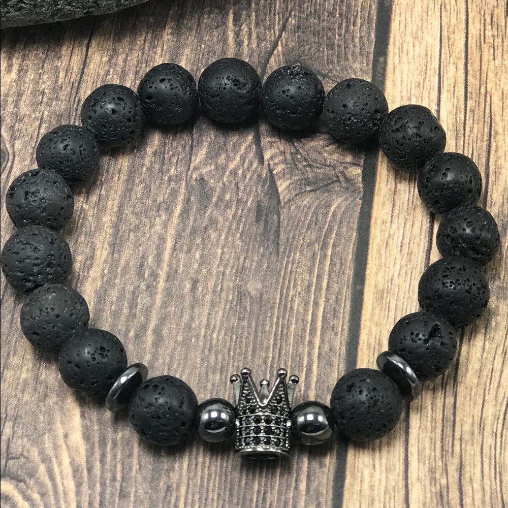 Men’s lava beaded bracelet with rhinestone crown